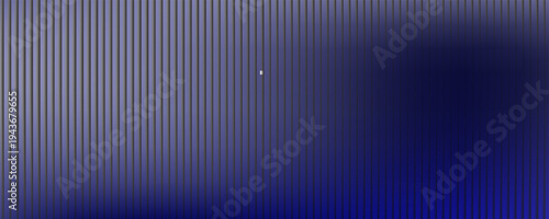 Abstract vertical blue blinds texture features numerous parallel slats illuminated by a strong white light source originating from the left side casting deep shadows and creating a dynamic visual rhy