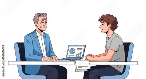 Two men in a business meeting discussing financial charts on a laptop.