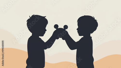 Two boys playing with toy dumbbells in a desert landscape with orange hills