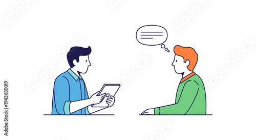 Two men in conversation, one holding a tablet.