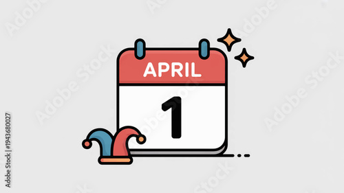April fool's day calendar icon with jester hat and sparkles on white background