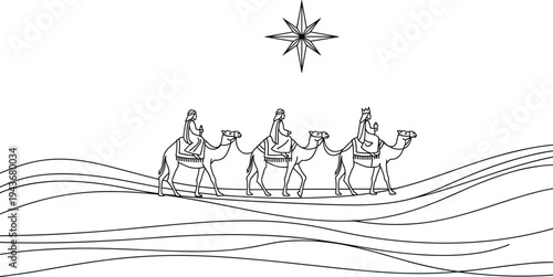 Three wise men magi riding camels across desert dunes under star of Bethlehem in minimalist black and white line art style for Christmas nativity