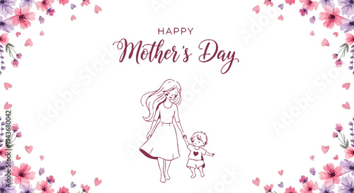 Happy Mother's Day greeting card illustration featuring a loving mother holding hands with her young child, surrounded by delicate watercolor flowers.