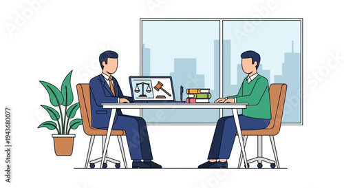 Two men in suits discussing legal matters at a desk.