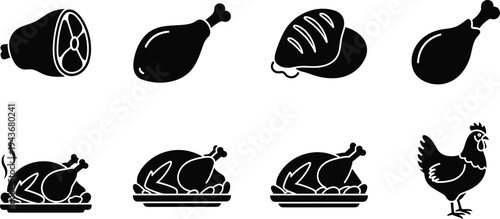 Chicken meat icons, poultry silhouettes, drumsticks, roasted chicken, steaming food, ham illustration, food symbol, culinary design, restaurant menu, cooking concept