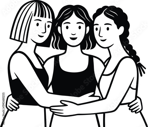Three young women hugging together, happy female friendship and sisterhood concept, smiling girls embracing in unity isolated on white background illustration