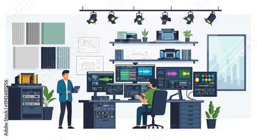 Two Men Working in a Modern Video Editing Studio.