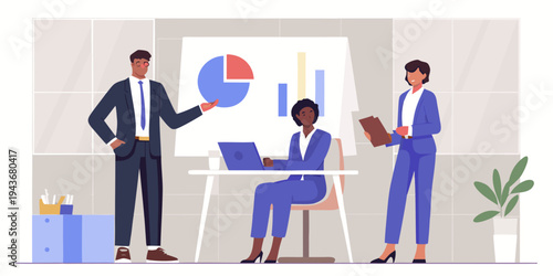 Business professionals collaborating on data analysis and presentation planning