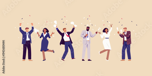 Celebrating success diverse business team applauds with confetti falling