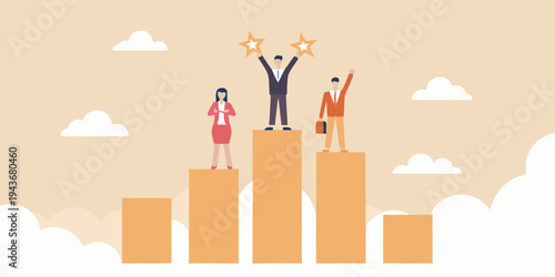 Business professionals celebrating success atop increasing bar graph platforms