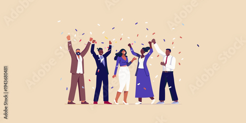 Diverse business team celebrates success with confetti falling from above