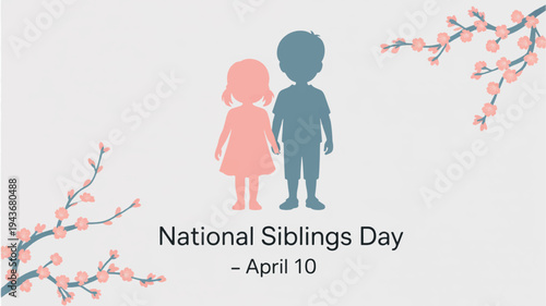 National siblings day april 10 brother and sister standing together pink and blue silhouettes blooming tree branches