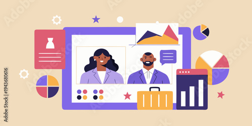 Virtual meeting in progress two professionals collaborating with data charts