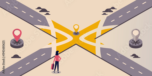 A woman contemplates multiple paths at a complex road intersection