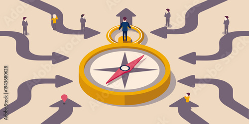 People navigating directional paths converging on a large compass