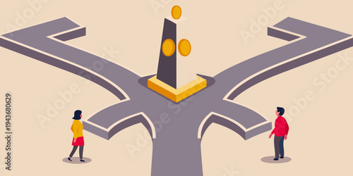 A crossroads with coins suggests difficult financial decisions and choices