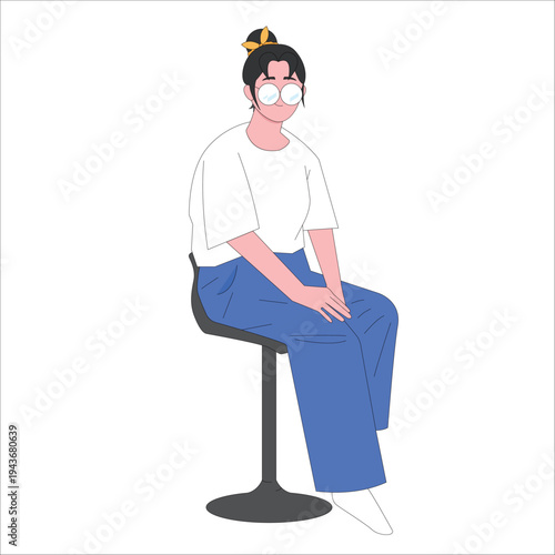 의자에 앉은 캐릭터(캐릭터+여자+소녀+청바지+티셔츠+안경)