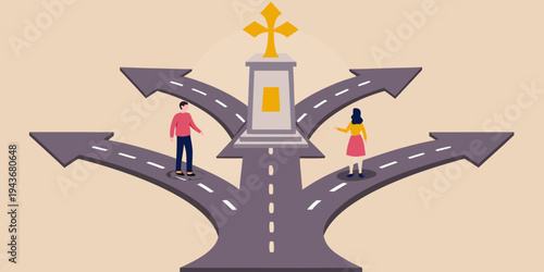 A crossroads with two people contemplating different paths and decisions