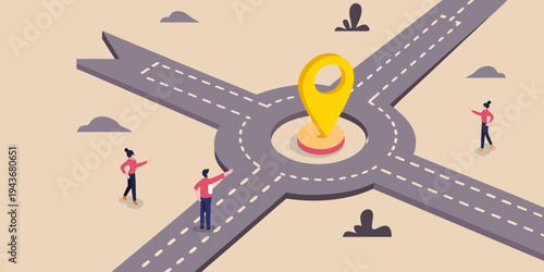 A crossroads with a location marker and small people contemplating choices