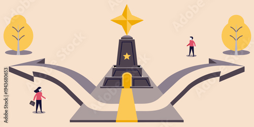 A minimalist illustration depicting a crossroads with two people and a monument
