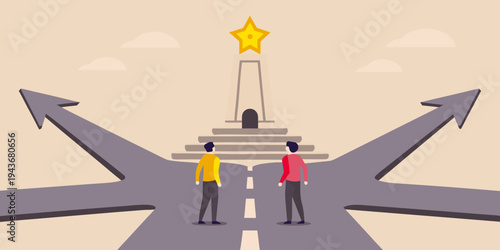 Two men face a diverging path with a bright star above