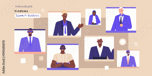 Diverse individuals connecting through video conferencing on digital windows