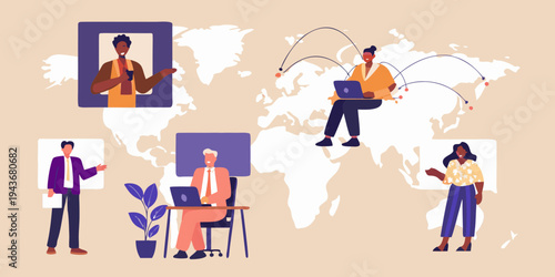 Diverse people connecting globally through video conferencing and digital technology