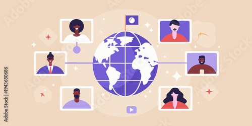 Diverse group of people connected through a virtual global network