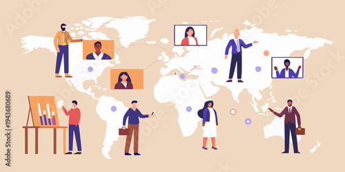 Global connection and collaboration diverse people interacting with a world map