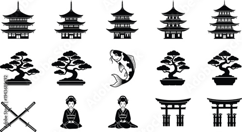Traditional Japanese Culture Vector Icon Set Featuring Pagoda Architecture Bonsai Trees Koi Fish Katana Swords Geisha Women and Torii Gates Silhouettes for Oriental Design Projects