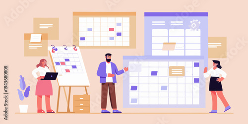 Team collaborating on project planning with calendars and a whiteboard