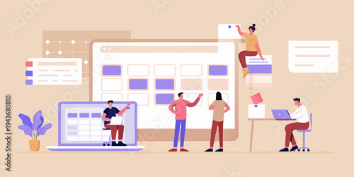 Team collaborating on a digital project with calendar and data visualizations