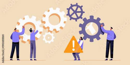 People interacting with mechanical gears and a warning sign