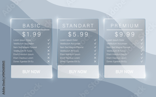 Glassmorphism pricing table ui design template with three subscription plans on abstract blue wavy background. Vector illustration for website landing pages, mobile apps, and business web interfaces. 