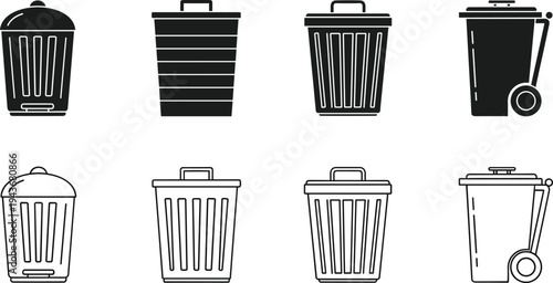 Trash can icon set, garbage bin silhouettes and outline styles, waste container collection, wheelie bins vector illustration for recycling and disposal design
