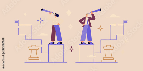 Two people looking through telescopes on platforms reaching for the stars