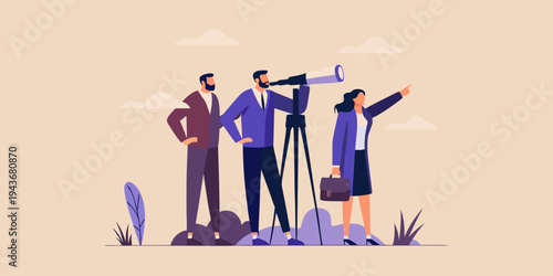 Business team uses a telescope to scout future opportunities together