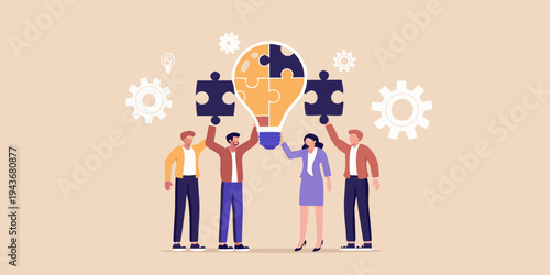 Teamwork builds bright ideas completing the puzzle of innovation together