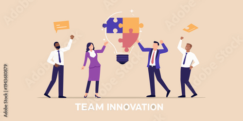 Teamwork and innovation concept with a puzzle piece lightbulb illustration