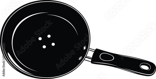 Black and white vector illustration of a modern non-stick frying pan with handle isolated on white background for kitchen design