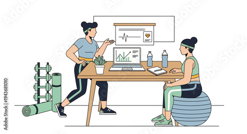 Two women discussing fitness progress on laptop.