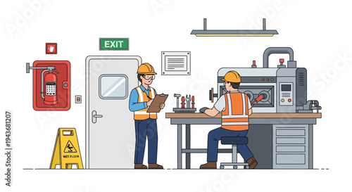 Two workers in safety vests and hard hats in a factory setting.