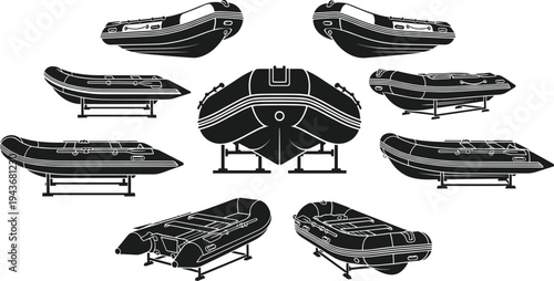 Detailed black silhouette collection of inflatable rubber dinghy boats featuring multiple angles including front, side, and isometric views on transport stands