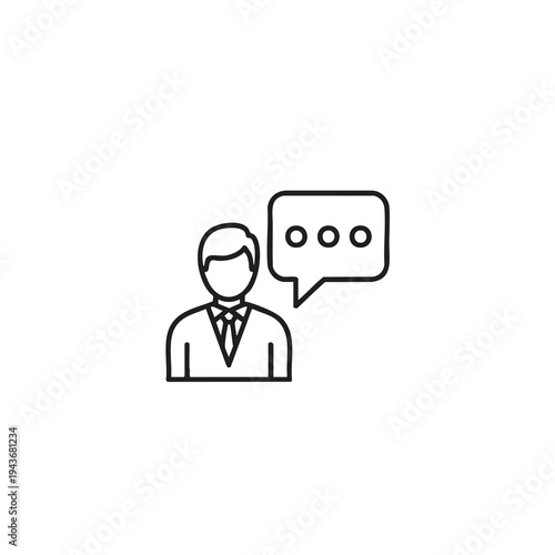 A line art icon of a person in a suit speaking with three dots in a speech bubble