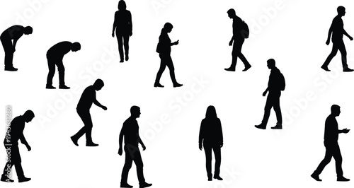 Diverse collection of black silhouettes featuring men and women walking, bending, and standing in casual poses isolated on white background