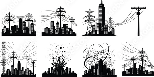 Set of city skyline silhouettes with high voltage electricity towers power lines and urban grid systems depicting energy distribution infrastructure and power blackout concepts