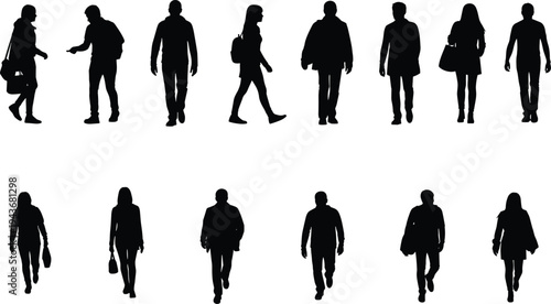 Large collection of black silhouettes featuring diverse men and women walking forward and sideways in casual clothes isolated on white background