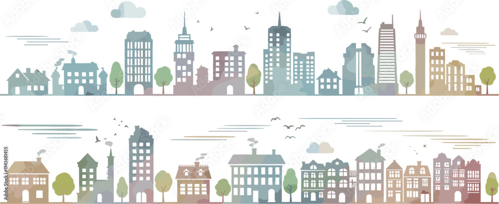 Fototapeta premium Urban City Skyline and Town Buildings Vector Illustration Set with Modern Skyscrapers, Residential Houses, Architecture Landscape and Cityscape Panorama Collection