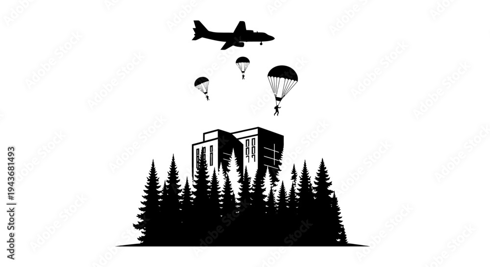 Fototapeta premium Paratroopers descend on a building surrounded by a dense forest, military operation concept