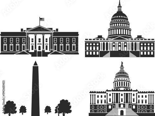 United States government landmarks silhouettes including White House, US Capitol and Washington Monument, American political architecture icons isolated on white background